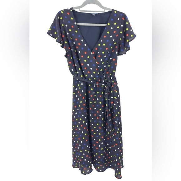 ModCloth Fits Of Bliss Tie Waist Dress Womens Size 1X Blue Polka Dot Faux Wrap - Picture 4 of 14